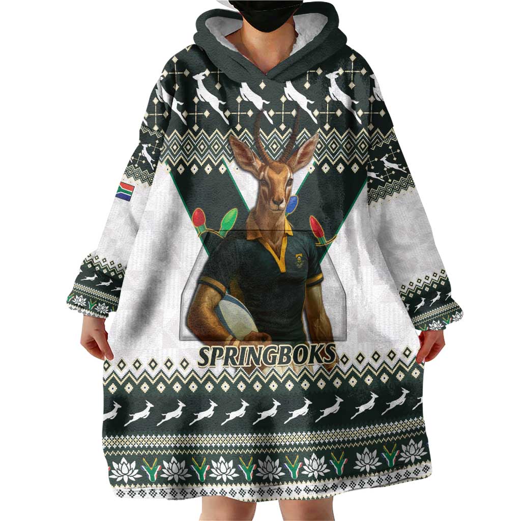 South Africa Christmas Rugby Wearable Blanket Hoodie Springboks Mascot Mix African Pattern - Wonder Print Shop