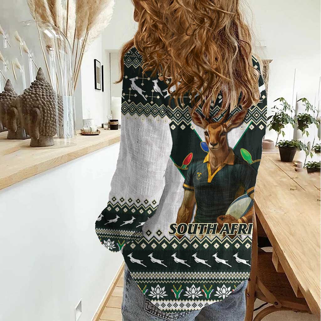 South Africa Christmas Rugby Women Casual Shirt Springboks Mascot Mix African Pattern - Wonder Print Shop