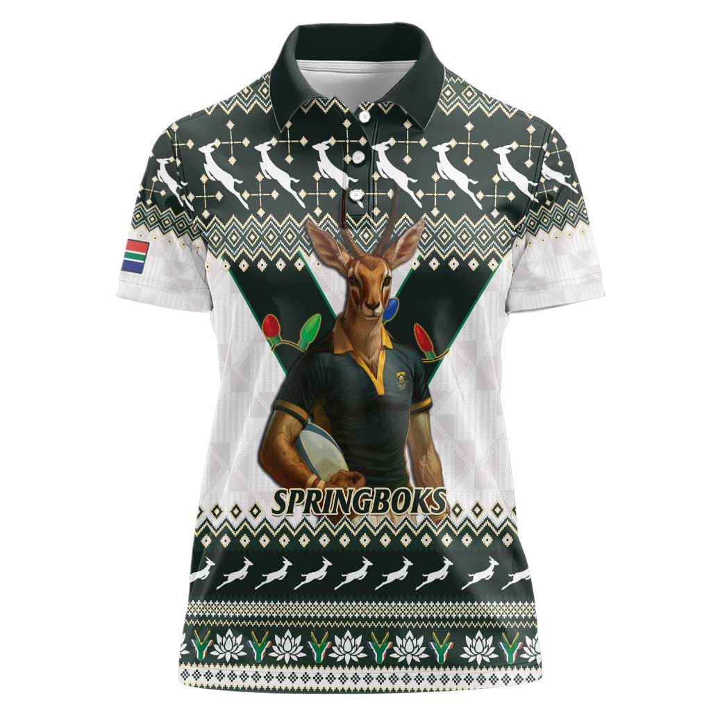 South Africa Christmas Rugby Women Polo Shirt Springboks Mascot Mix African Pattern - Wonder Print Shop