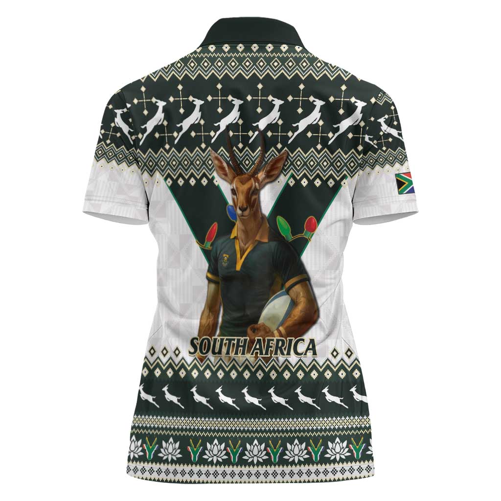 South Africa Christmas Rugby Women Polo Shirt Springboks Mascot Mix African Pattern - Wonder Print Shop