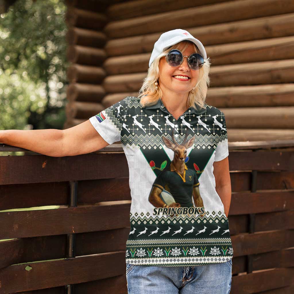 South Africa Christmas Rugby Women Polo Shirt Springboks Mascot Mix African Pattern - Wonder Print Shop