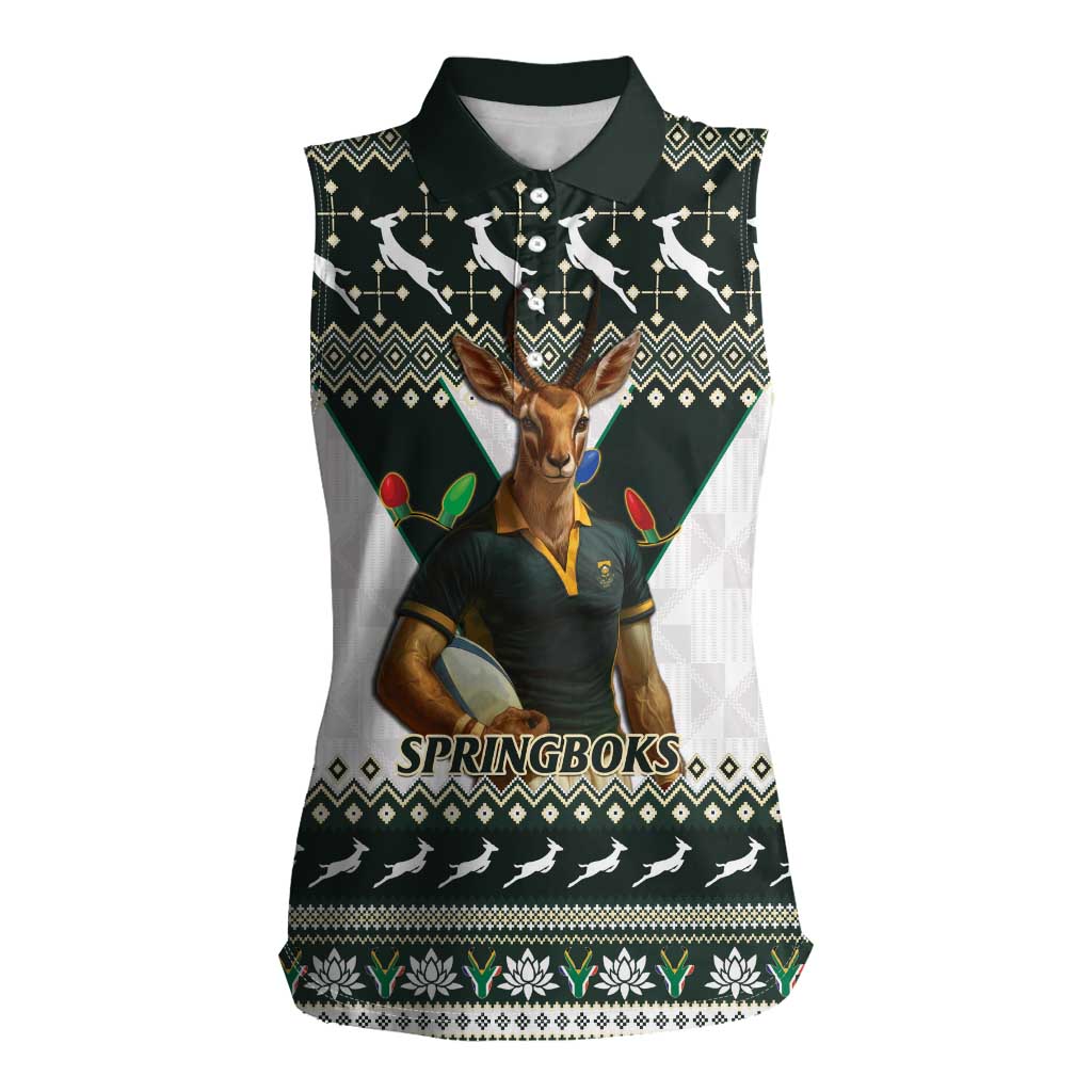 South Africa Christmas Rugby Women Sleeveless Polo Shirt Springboks Mascot Mix African Pattern - Wonder Print Shop