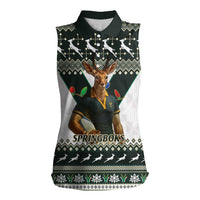 South Africa Christmas Rugby Women Sleeveless Polo Shirt Springboks Mascot Mix African Pattern - Wonder Print Shop