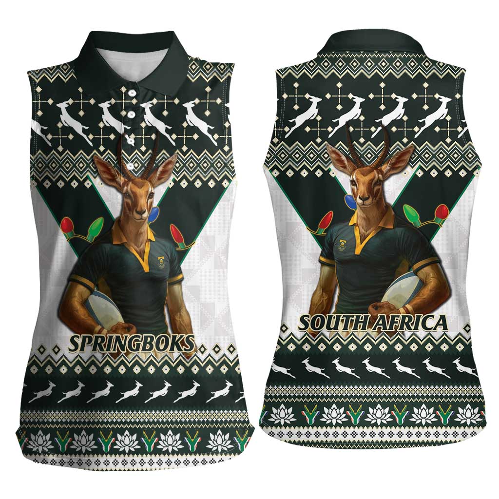 South Africa Christmas Rugby Women Sleeveless Polo Shirt Springboks Mascot Mix African Pattern - Wonder Print Shop