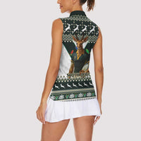South Africa Christmas Rugby Women Sleeveless Polo Shirt Springboks Mascot Mix African Pattern - Wonder Print Shop