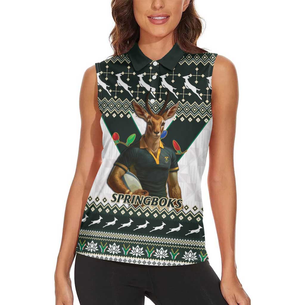 South Africa Christmas Rugby Women Sleeveless Polo Shirt Springboks Mascot Mix African Pattern - Wonder Print Shop