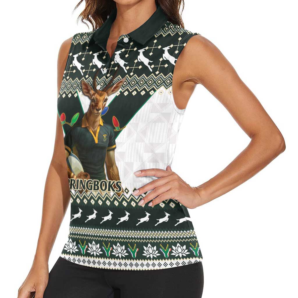 South Africa Christmas Rugby Women Sleeveless Polo Shirt Springboks Mascot Mix African Pattern - Wonder Print Shop