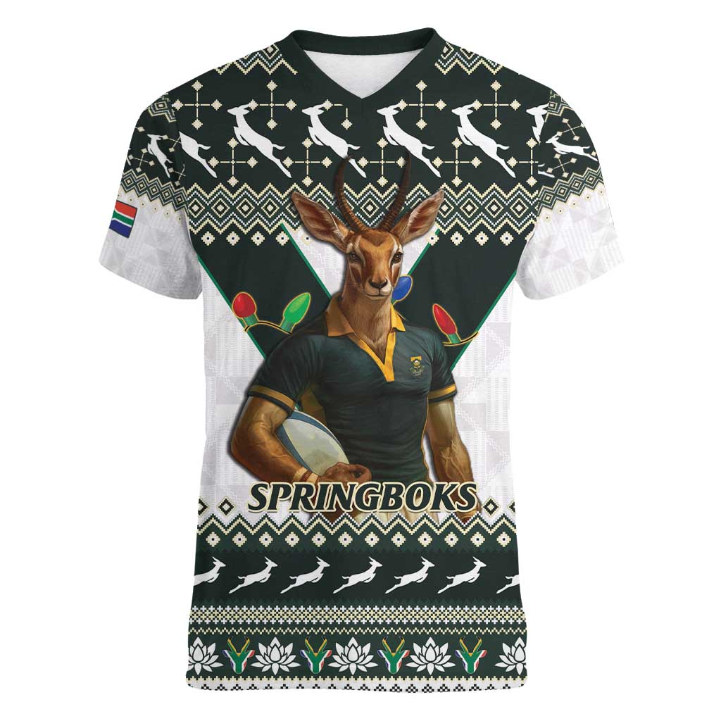 South Africa Christmas Rugby Women V-Neck T-Shirt Springboks Mascot Mix African Pattern - Wonder Print Shop