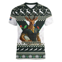 South Africa Christmas Rugby Women V-Neck T-Shirt Springboks Mascot Mix African Pattern - Wonder Print Shop
