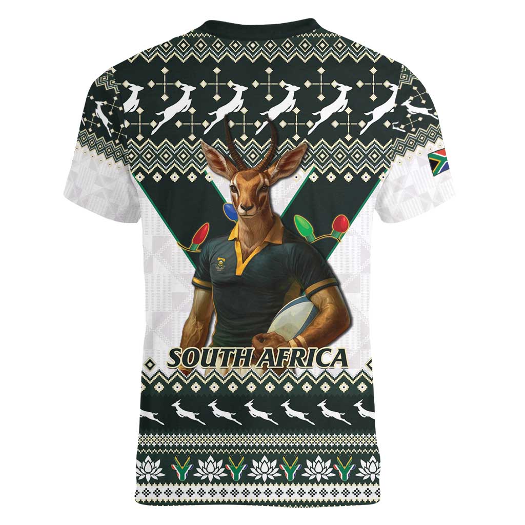 South Africa Christmas Rugby Women V-Neck T-Shirt Springboks Mascot Mix African Pattern - Wonder Print Shop