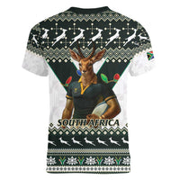 South Africa Christmas Rugby Women V-Neck T-Shirt Springboks Mascot Mix African Pattern - Wonder Print Shop