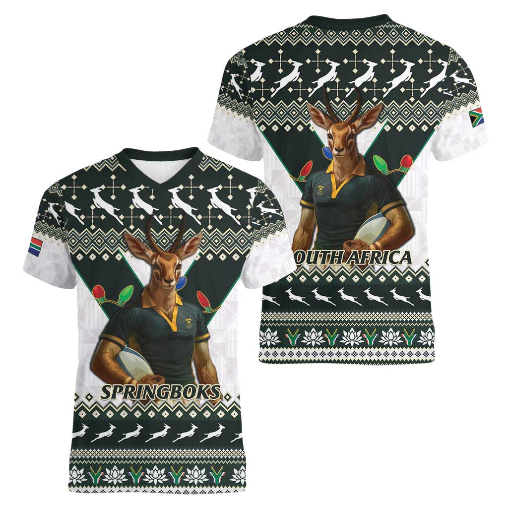 South Africa Christmas Rugby Women V-Neck T-Shirt Springboks Mascot Mix African Pattern - Wonder Print Shop