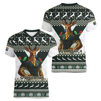 South Africa Christmas Rugby Women V-Neck T-Shirt Springboks Mascot Mix African Pattern - Wonder Print Shop