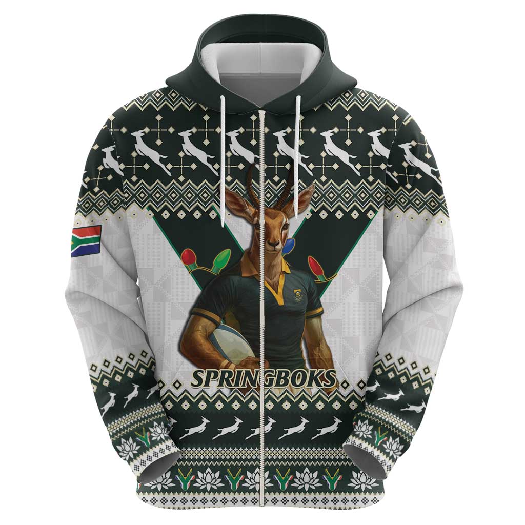 South Africa Christmas Rugby Zip Hoodie Springboks Mascot Mix African Pattern - Wonder Print Shop