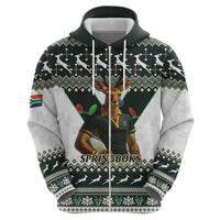 South Africa Christmas Rugby Zip Hoodie Springboks Mascot Mix African Pattern - Wonder Print Shop