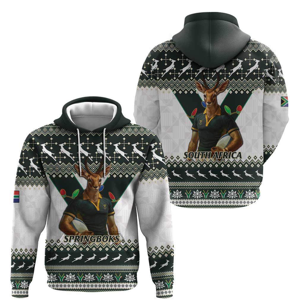 South Africa Christmas Rugby Zip Hoodie Springboks Mascot Mix African Pattern - Wonder Print Shop
