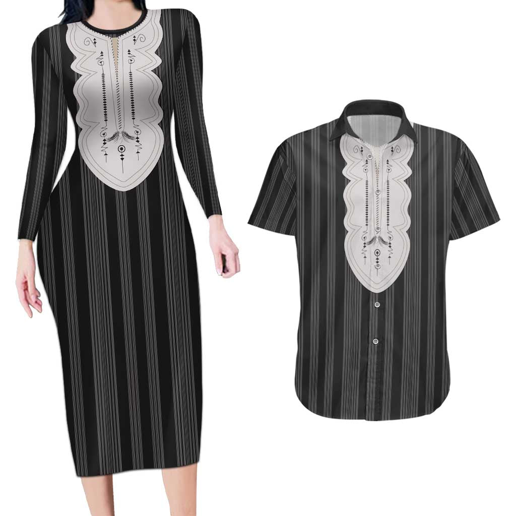 Liberia Black Kpelle Traditional Pattern Couples Matching Long Sleeve Bodycon Dress and Hawaiian Shirt - Wonder Print Shop