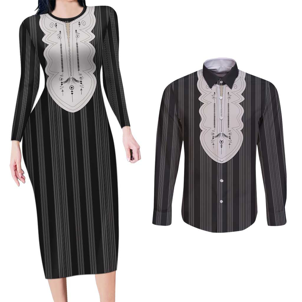 Liberia Black Kpelle Traditional Pattern Couples Matching Long Sleeve Bodycon Dress and Long Sleeve Button Shirt - Wonder Print Shop