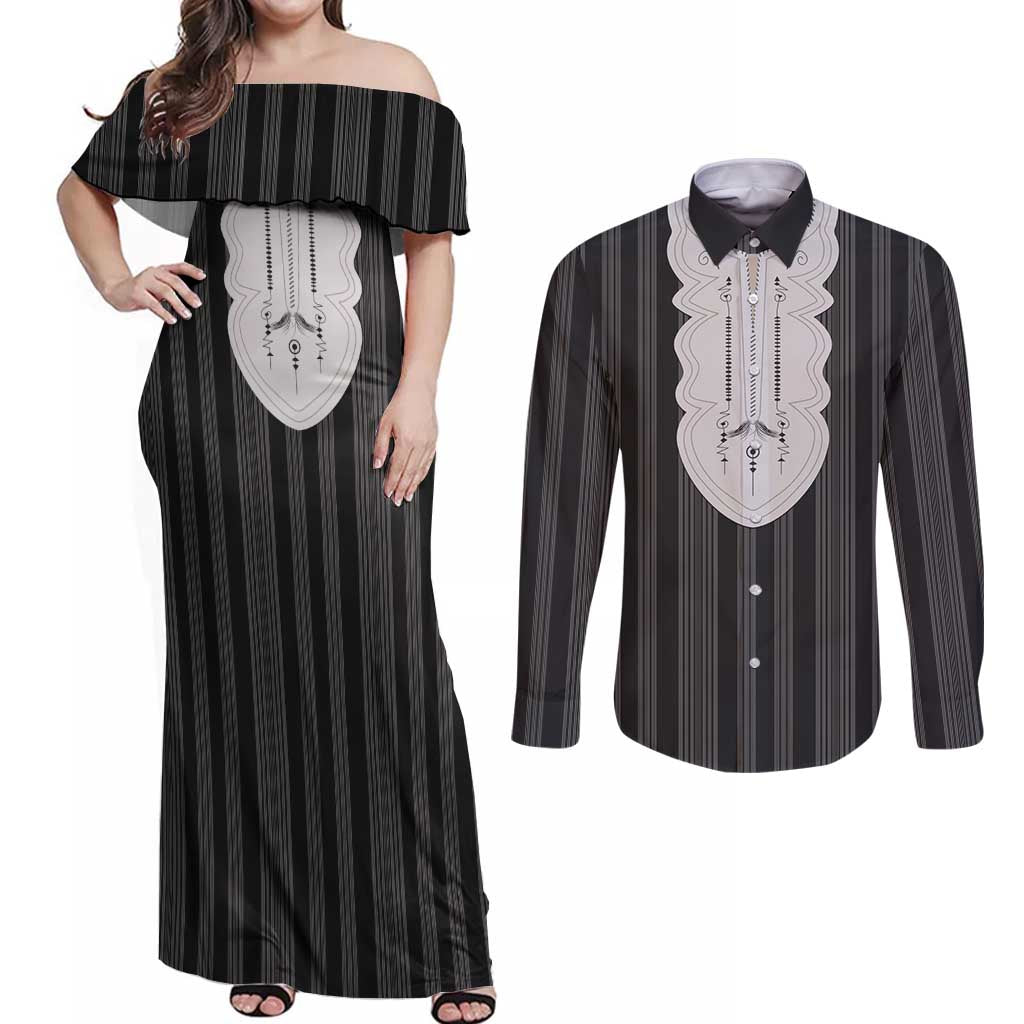 Liberia Black Kpelle Traditional Pattern Couples Matching Off Shoulder Maxi Dress and Long Sleeve Button Shirt - Wonder Print Shop