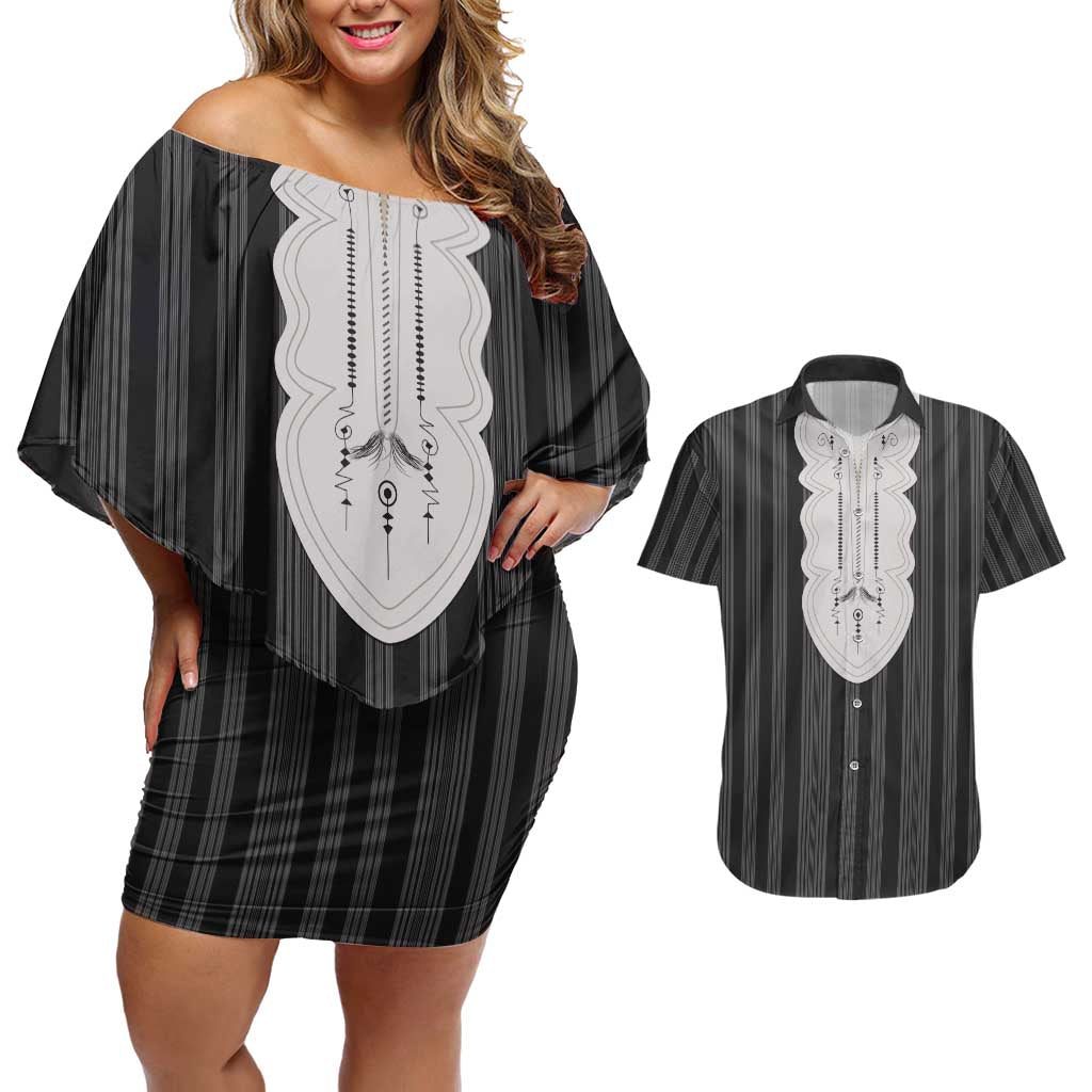 Liberia Black Kpelle Traditional Pattern Couples Matching Off Shoulder Short Dress and Hawaiian Shirt - Wonder Print Shop