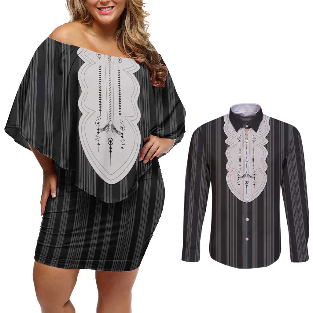 Liberia Black Kpelle Traditional Pattern Couples Matching Off Shoulder Short Dress and Long Sleeve Button Shirt - Wonder Print Shop