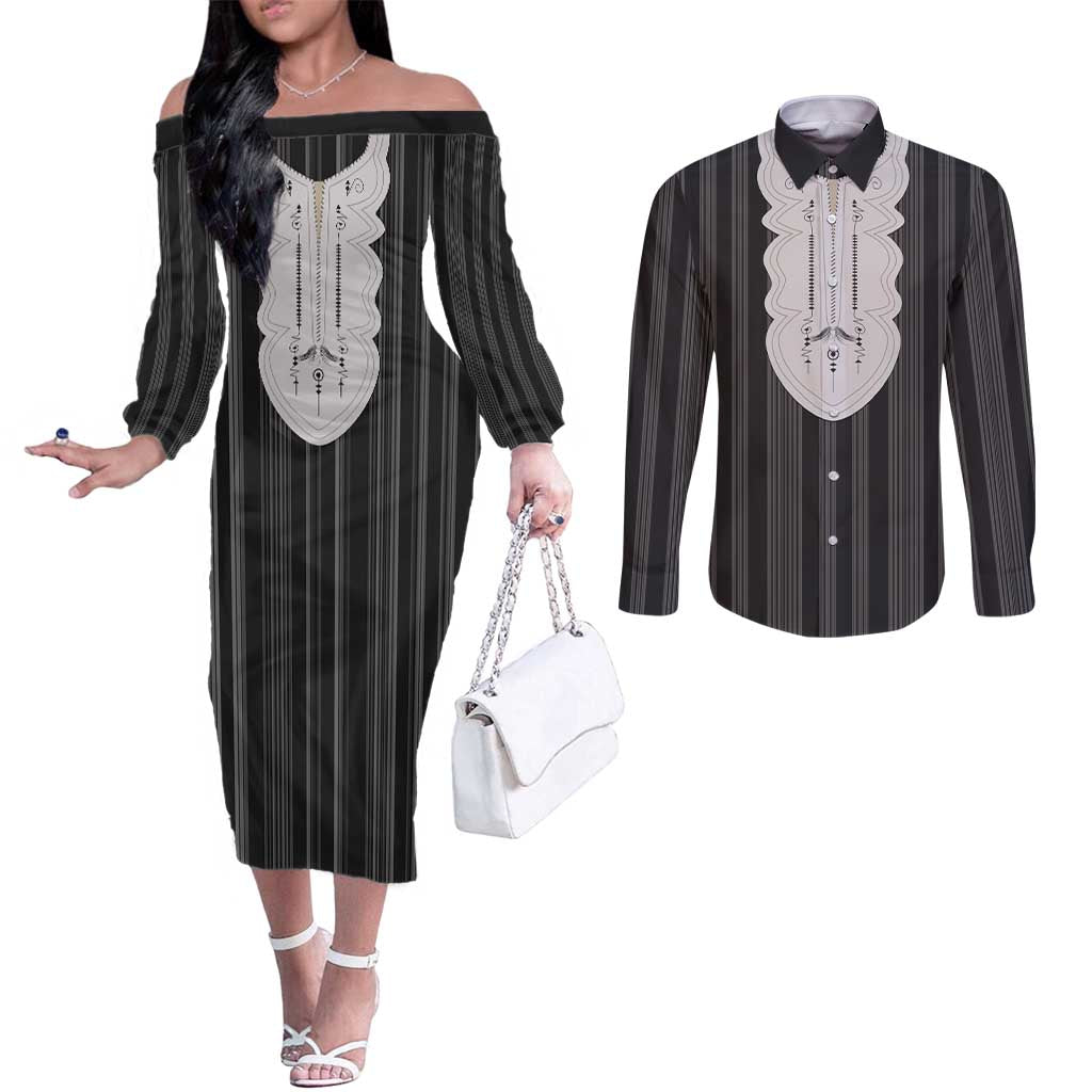 Liberia Black Kpelle Traditional Pattern Couples Matching Off The Shoulder Long Sleeve Dress and Long Sleeve Button Shirt - Wonder Print Shop