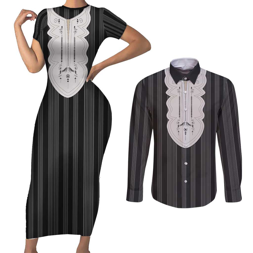 Liberia Black Kpelle Traditional Pattern Couples Matching Short Sleeve Bodycon Dress and Long Sleeve Button Shirt - Wonder Print Shop