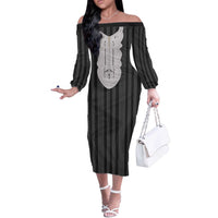 Liberia Black Kpelle Traditional Pattern Off The Shoulder Long Sleeve Dress - Wonder Print Shop