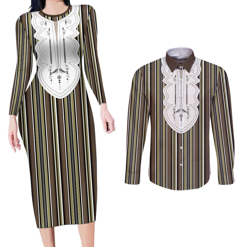Liberia Brown Kpelle Traditional Pattern Couples Matching Long Sleeve Bodycon Dress and Long Sleeve Button Shirt - Wonder Print Shop