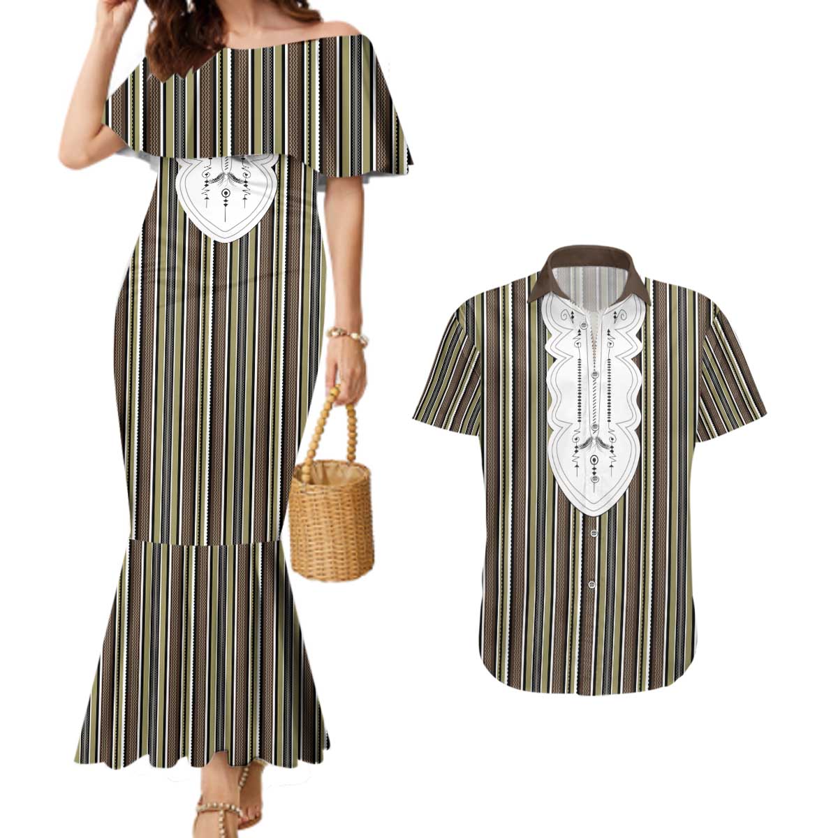 Liberia Brown Kpelle Traditional Pattern Couples Matching Mermaid Dress and Hawaiian Shirt - Wonder Print Shop
