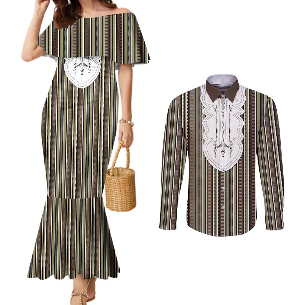 Liberia Brown Kpelle Traditional Pattern Couples Matching Mermaid Dress and Long Sleeve Button Shirt - Wonder Print Shop