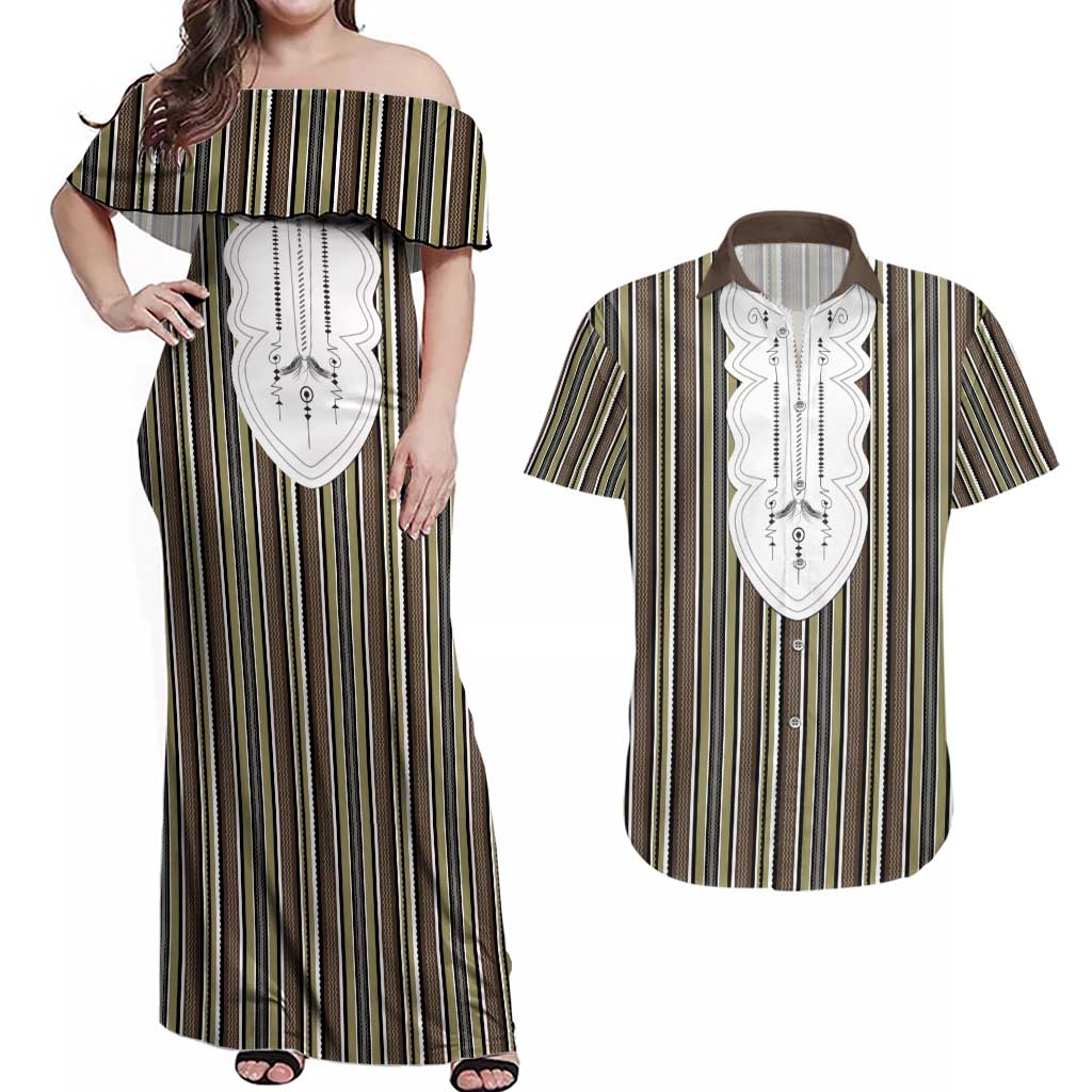 Liberia Brown Kpelle Traditional Pattern Couples Matching Off Shoulder Maxi Dress and Hawaiian Shirt - Wonder Print Shop