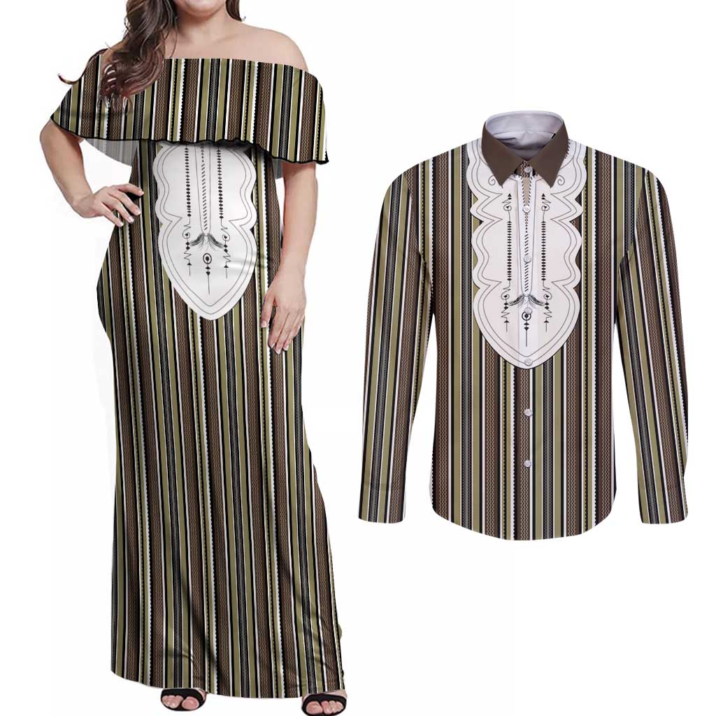 Liberia Brown Kpelle Traditional Pattern Couples Matching Off Shoulder Maxi Dress and Long Sleeve Button Shirt - Wonder Print Shop