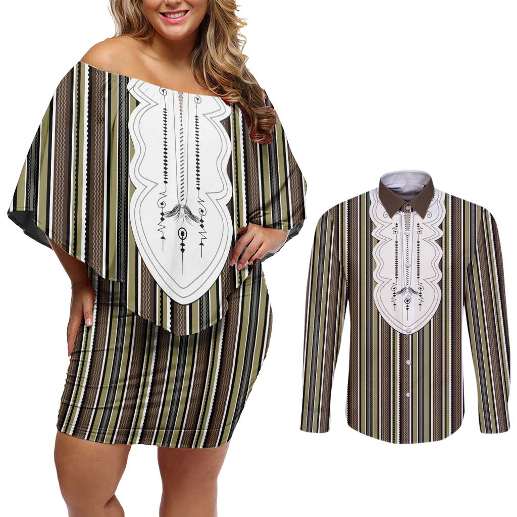 Liberia Brown Kpelle Traditional Pattern Couples Matching Off Shoulder Short Dress and Long Sleeve Button Shirt - Wonder Print Shop
