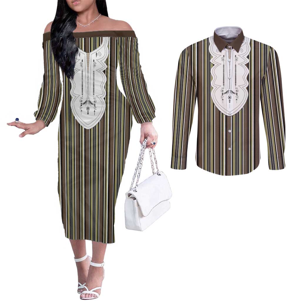 Liberia Brown Kpelle Traditional Pattern Couples Matching Off The Shoulder Long Sleeve Dress and Long Sleeve Button Shirt - Wonder Print Shop