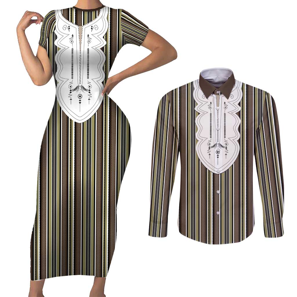 Liberia Brown Kpelle Traditional Pattern Couples Matching Short Sleeve Bodycon Dress and Long Sleeve Button Shirt - Wonder Print Shop
