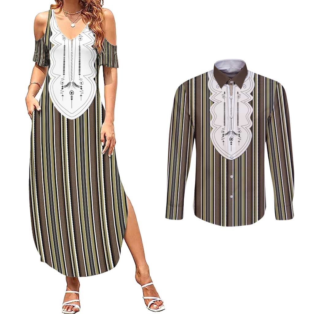Liberia Brown Kpelle Traditional Pattern Couples Matching Summer Maxi Dress and Long Sleeve Button Shirt - Wonder Print Shop