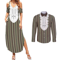 Liberia Brown Kpelle Traditional Pattern Couples Matching Summer Maxi Dress and Long Sleeve Button Shirt - Wonder Print Shop