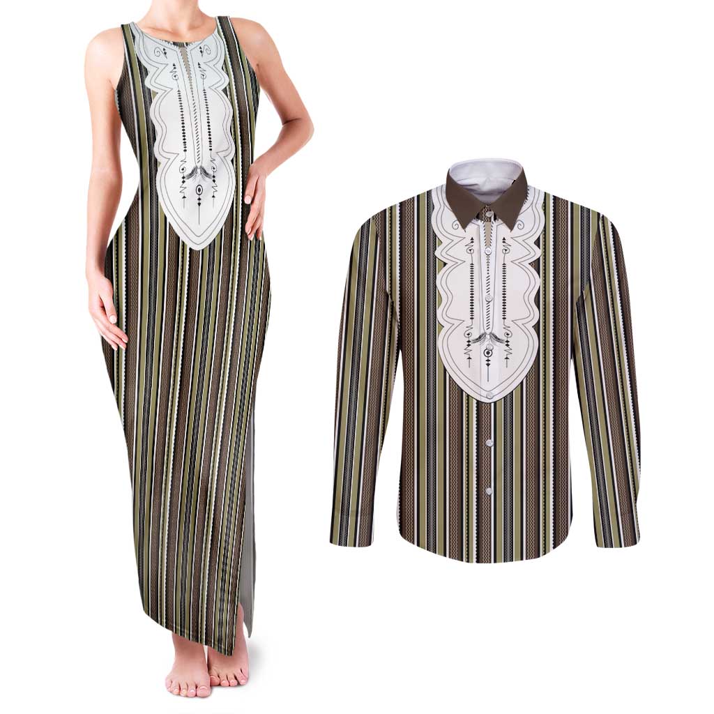 Liberia Brown Kpelle Traditional Pattern Couples Matching Tank Maxi Dress and Long Sleeve Button Shirt - Wonder Print Shop