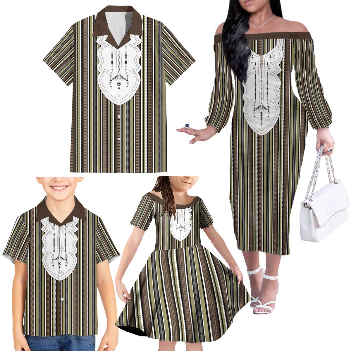 Liberia Brown Kpelle Traditional Pattern Family Matching Off The Shoulder Long Sleeve Dress and Hawaiian Shirt - Wonder Print Shop