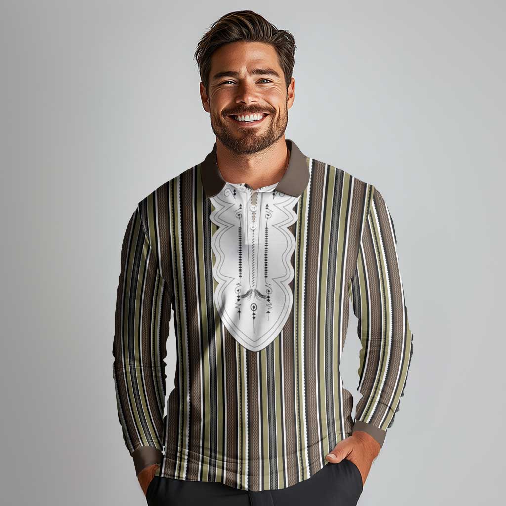 Liberia Brown Kpelle Traditional Pattern Long Sleeve Polo Shirt - Wonder Print Shop