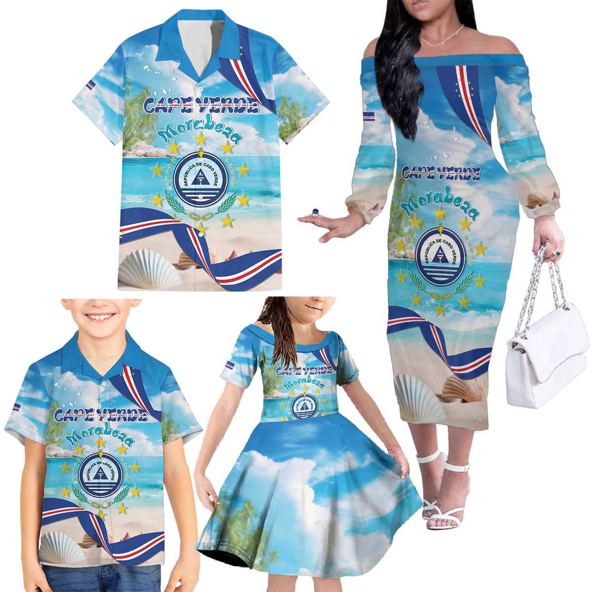 Cape Verde Morabeza Family Matching Off The Shoulder Long Sleeve Dress and Hawaiian Shirt Island Welcome - Wonder Print Shop