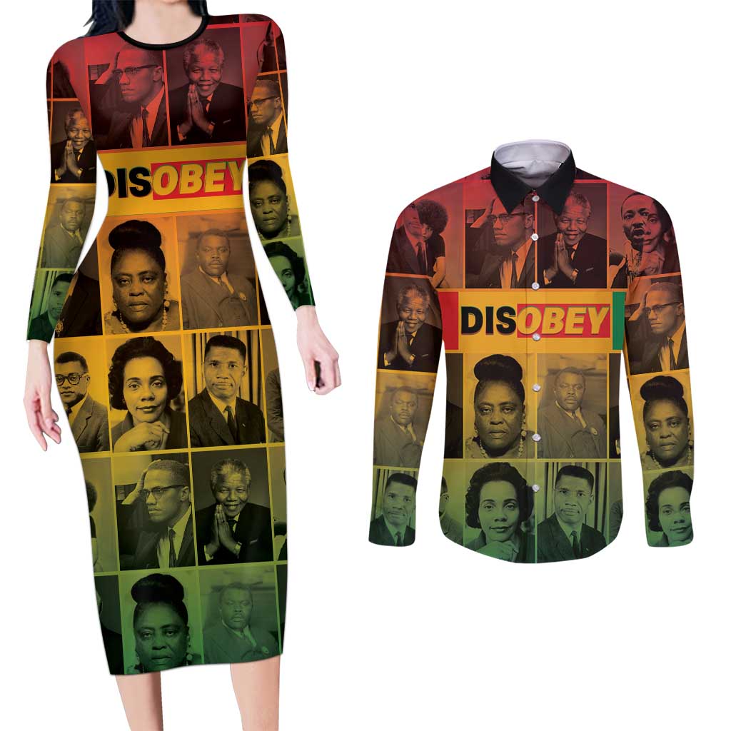 Disobey Black History Tribute Couples Matching Long Sleeve Bodycon Dress and Long Sleeve Button Shirt Honoring the Civil Rights Legacy - Wonder Print Shop