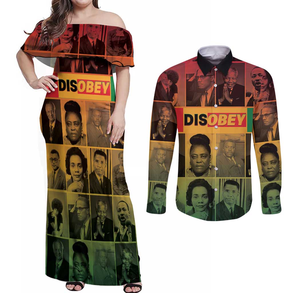Disobey Black History Tribute Couples Matching Off Shoulder Maxi Dress and Long Sleeve Button Shirt Honoring the Civil Rights Legacy - Wonder Print Shop
