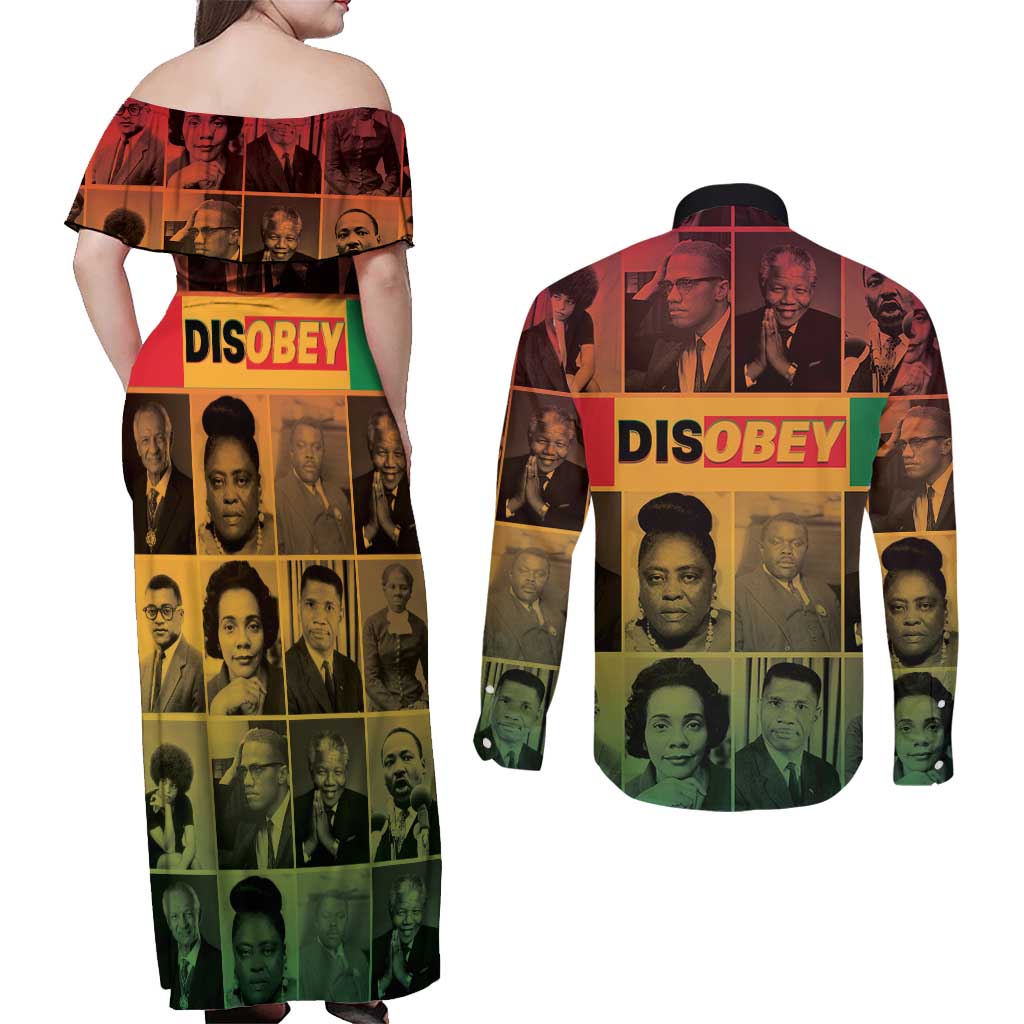 Disobey Black History Tribute Couples Matching Off Shoulder Maxi Dress and Long Sleeve Button Shirt Honoring the Civil Rights Legacy - Wonder Print Shop