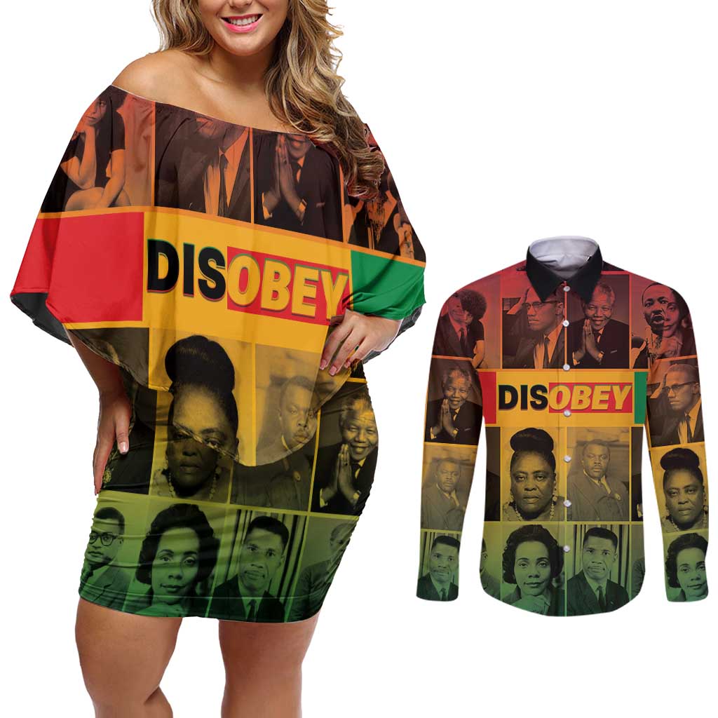 Disobey Black History Tribute Couples Matching Off Shoulder Short Dress and Long Sleeve Button Shirt Honoring the Civil Rights Legacy - Wonder Print Shop