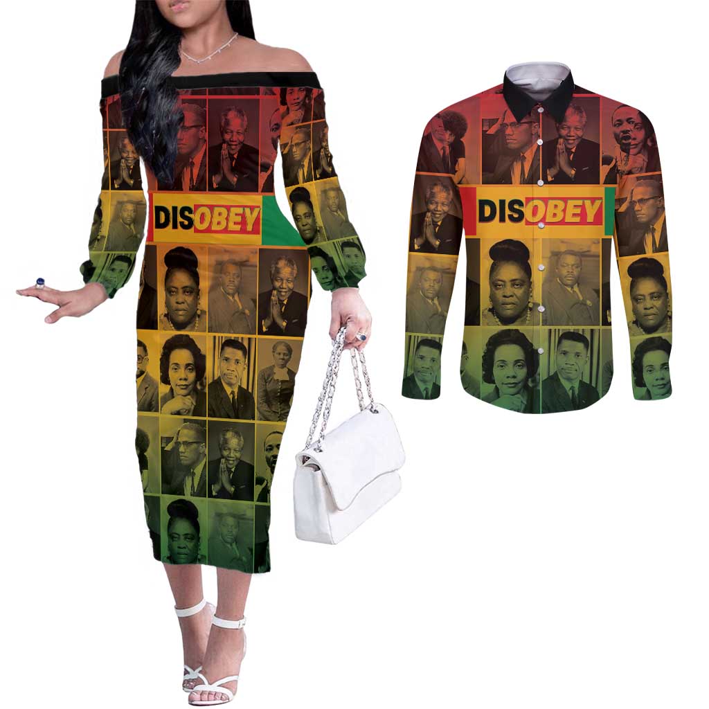 Disobey Black History Tribute Couples Matching Off The Shoulder Long Sleeve Dress and Long Sleeve Button Shirt Honoring the Civil Rights Legacy - Wonder Print Shop