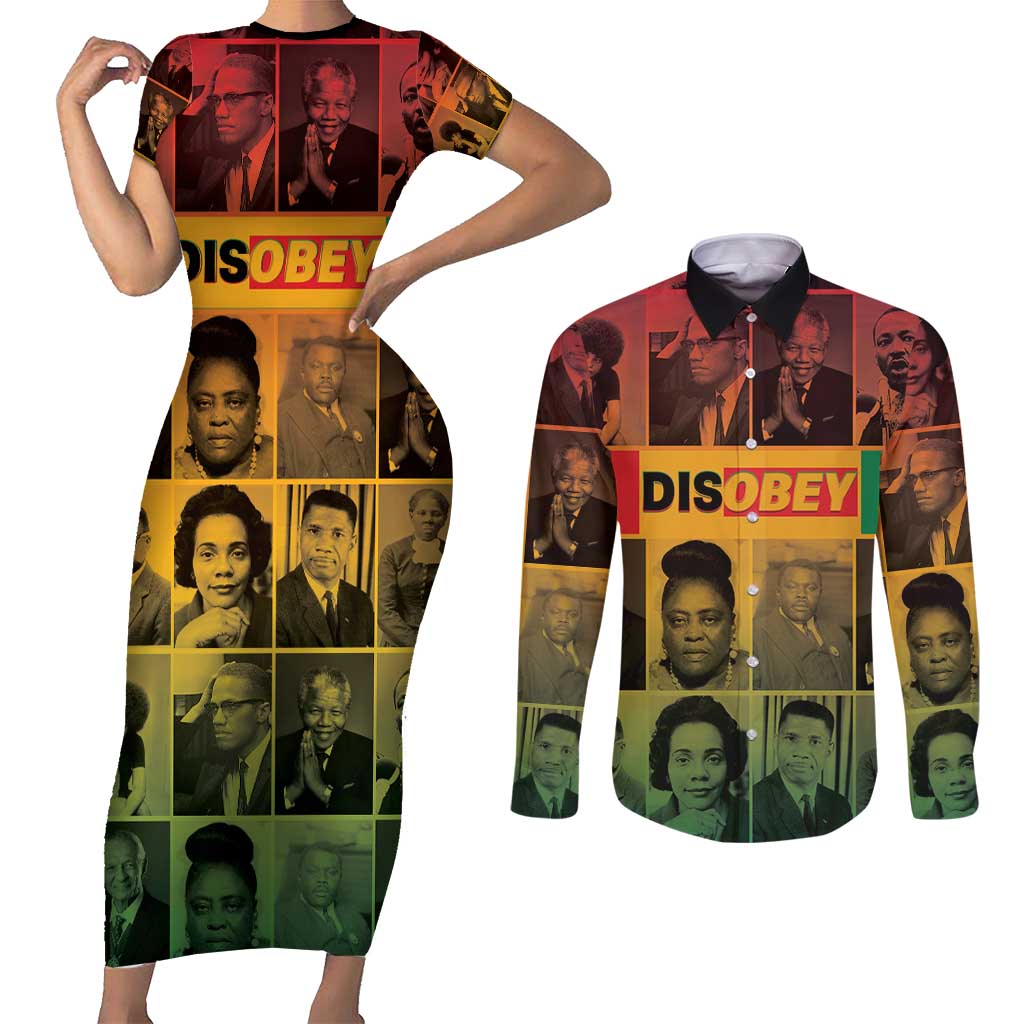 Disobey Black History Tribute Couples Matching Short Sleeve Bodycon Dress and Long Sleeve Button Shirt Honoring the Civil Rights Legacy - Wonder Print Shop