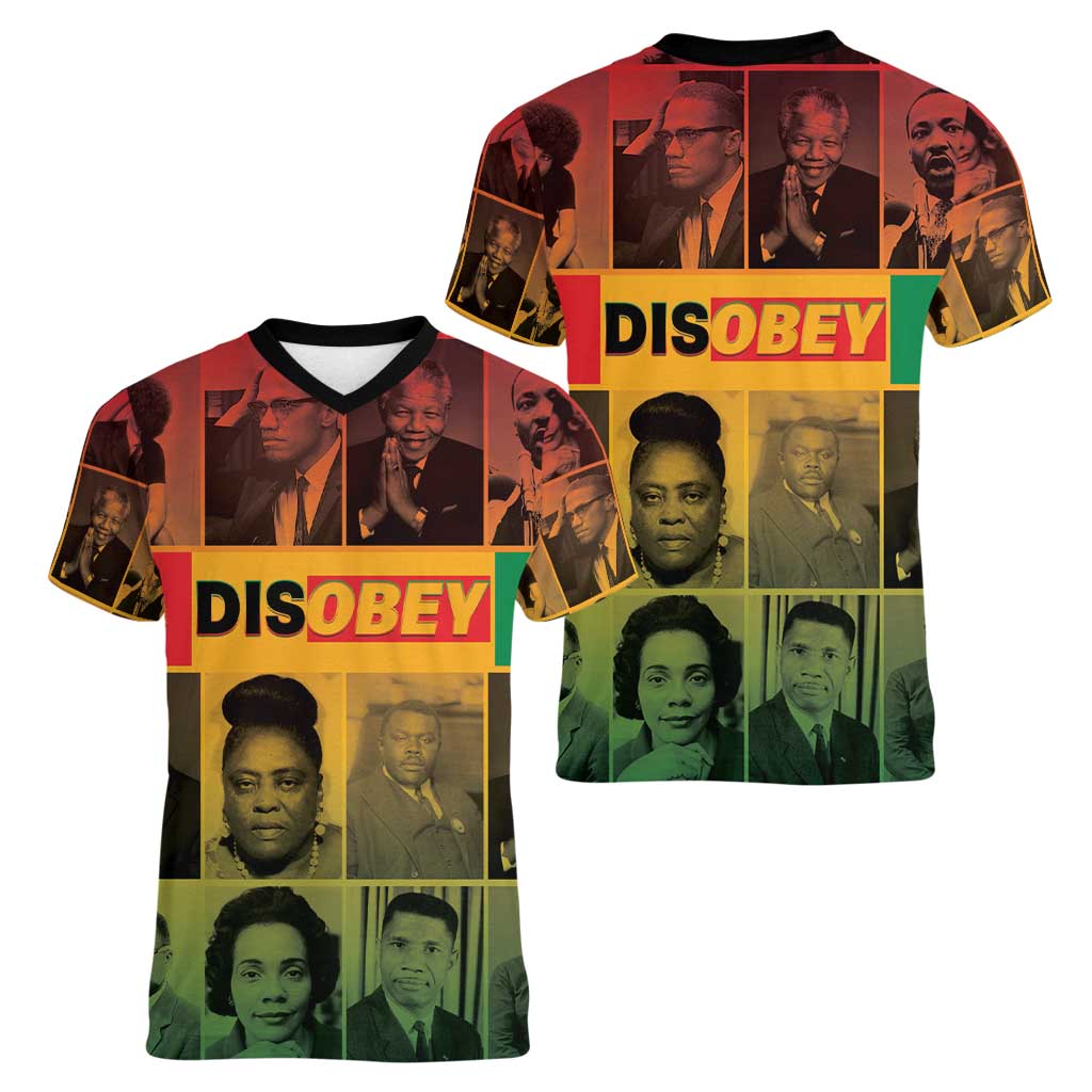 Disobey Black History Tribute Women V-Neck T-Shirt Honoring the Civil Rights Legacy - Wonder Print Shop