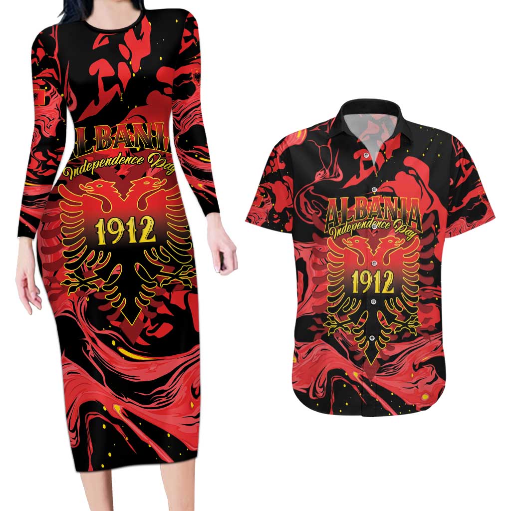 Happy Albania Independence Day Couples Matching Long Sleeve Bodycon Dress and Hawaiian Shirt Albanian Eagle - Wonder Print Shop